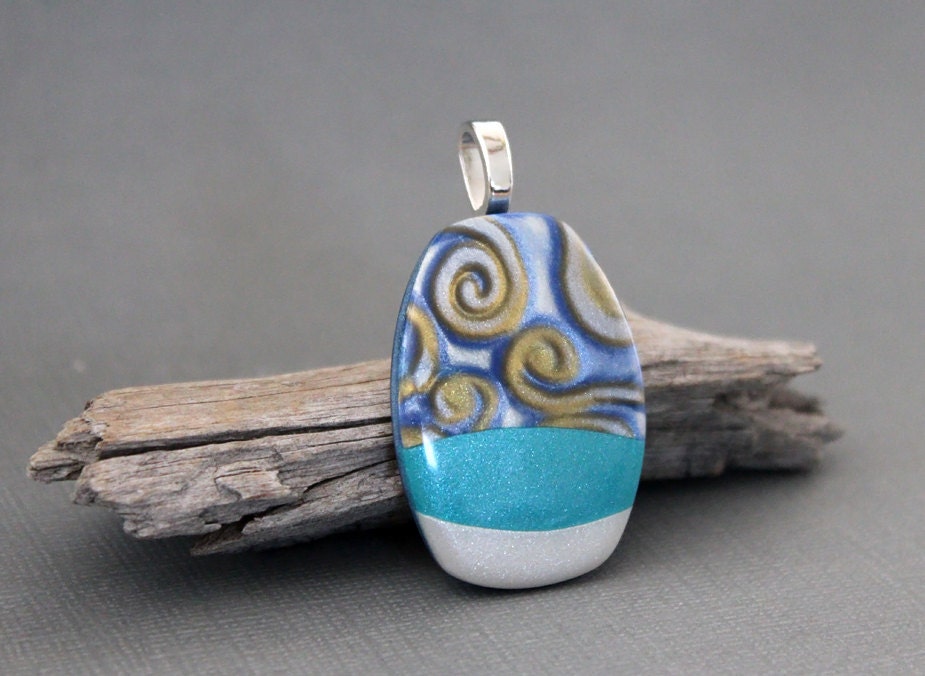 Polymer clay pendant. Blue turquoise. Polymer clay jewelry. Swirls. Swirly. Eclectic.