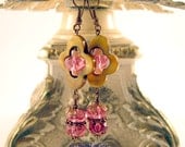 Marie Antoinette Earrings . Pink Copper and Golden Quatrefoil on French Hooks