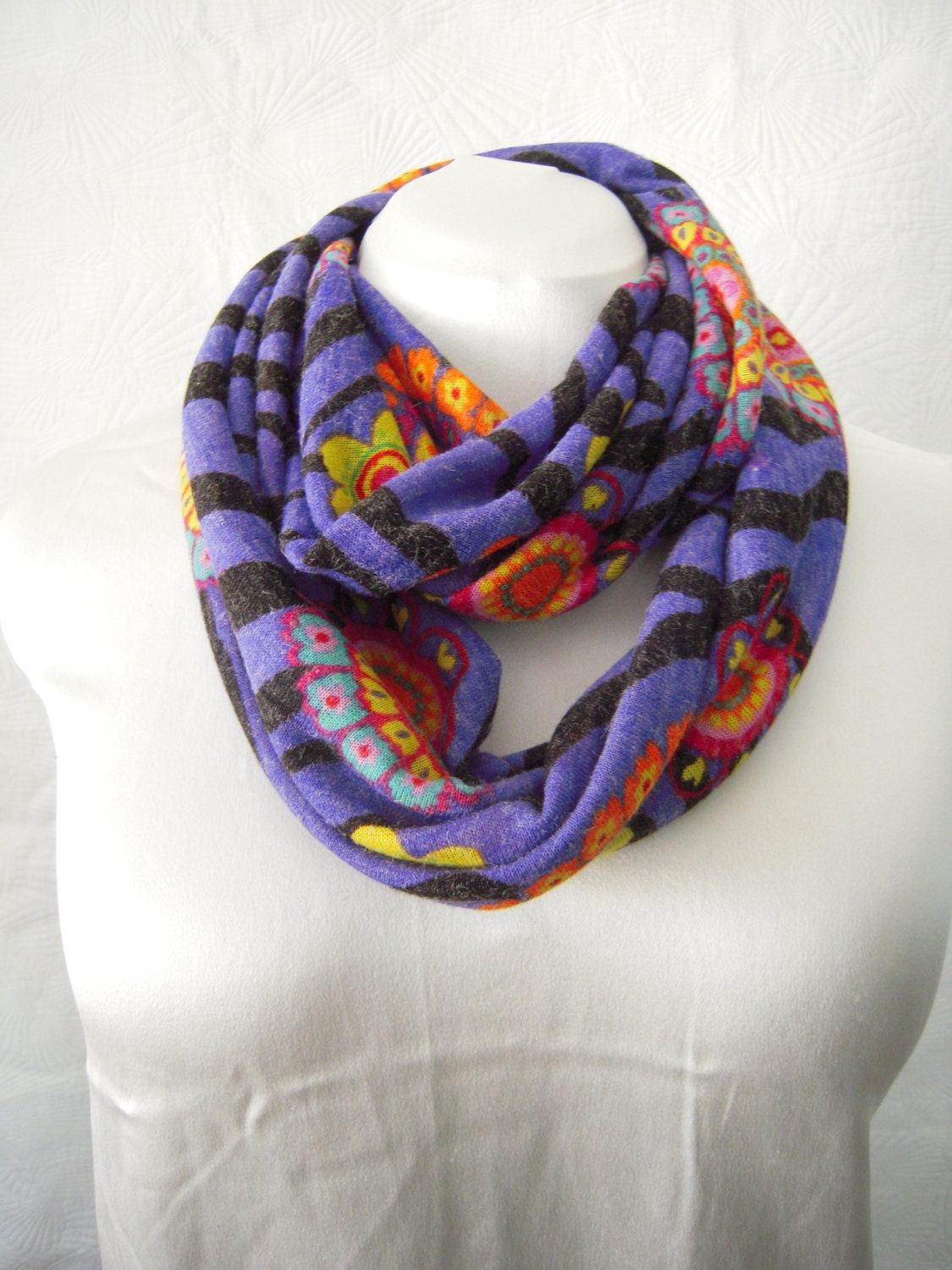 Retro Floral Zebra Print Sweater Knit Infinity Scarf - Circle Scarf - Tube Scarf