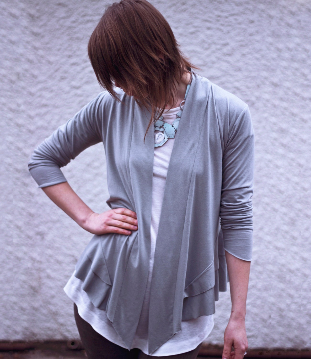 ON SALE-OSCILLA-Bamboo Jersey Cardigan w/ Peplum-Light Gray