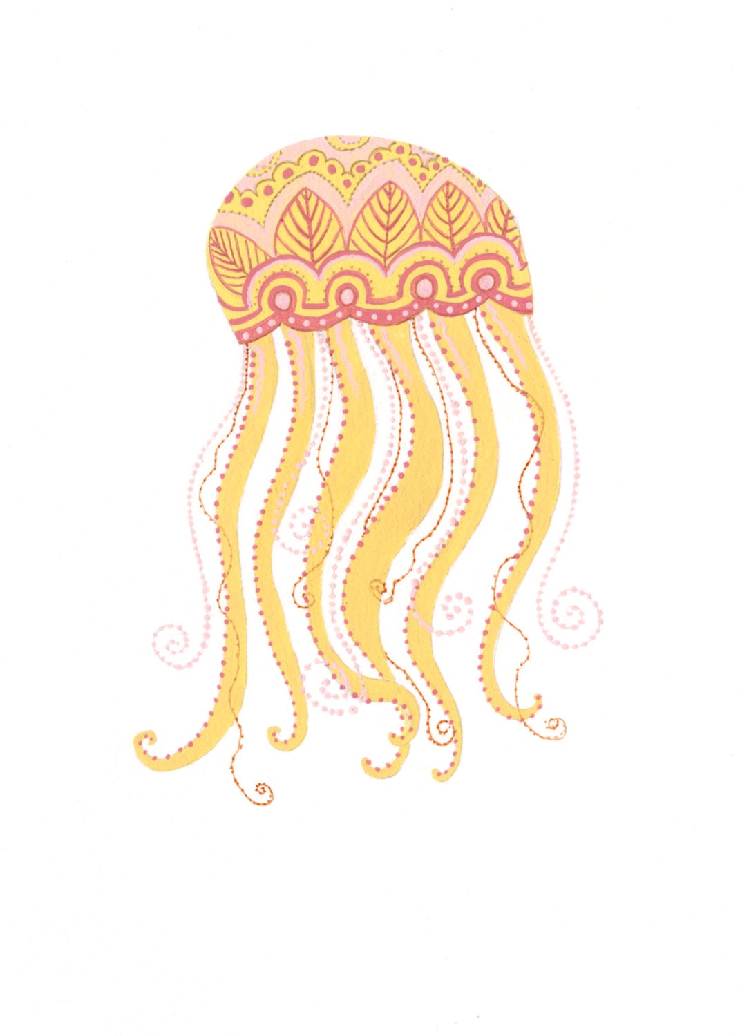 Jellyfish. Sea Creature. Yellow, pink. Decorative illustration. 5x7 print - thenorthcountrygirl
