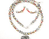Valentines Day Jewelry Set, Heart, Neutral, Silver, Beaded, Handmade, Womens, Teens, Teenagers, Necklace, Hoop Earrings, Jewelry Set, Orange