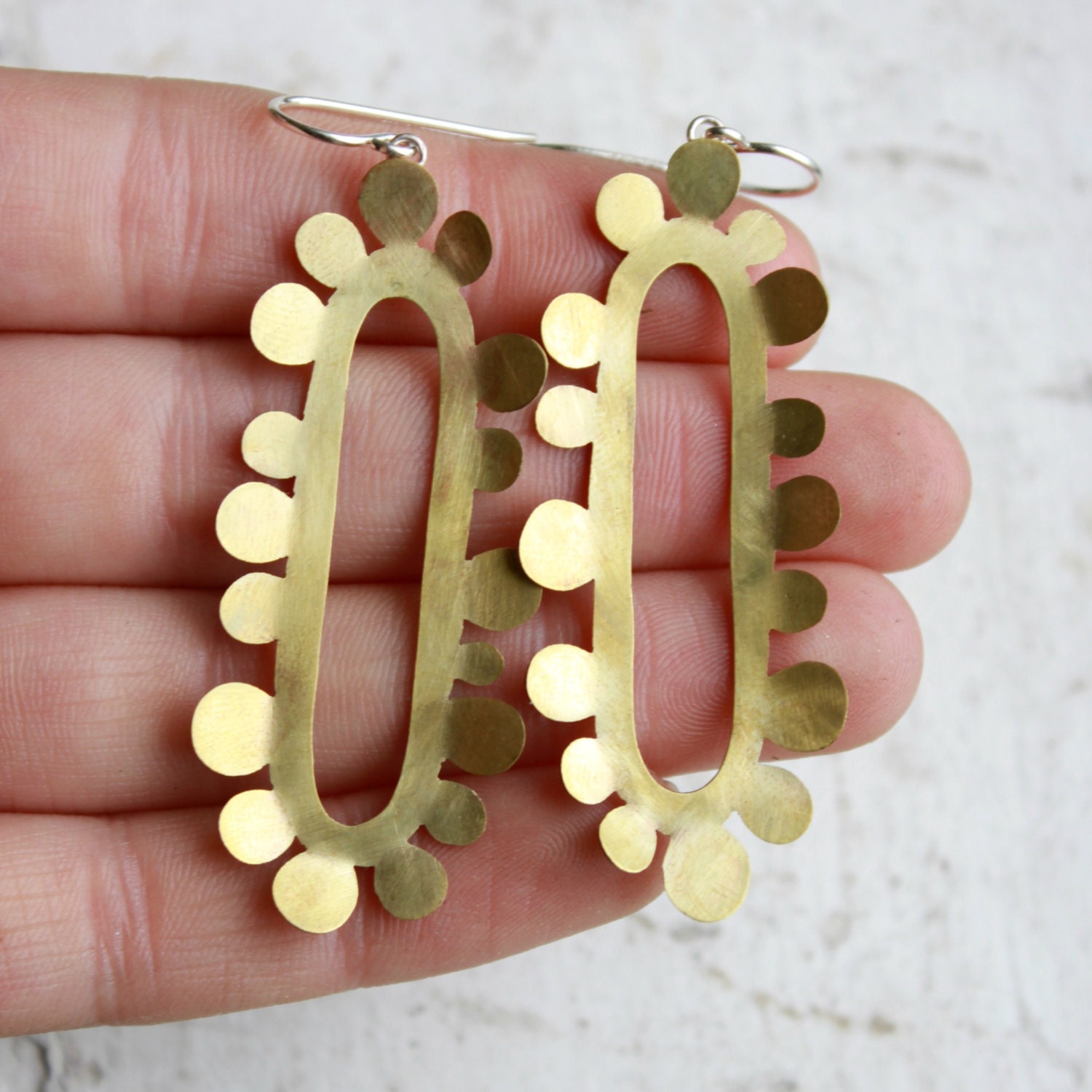 Long Gold Earrings   brass earrings   brass and sterling silver earrings