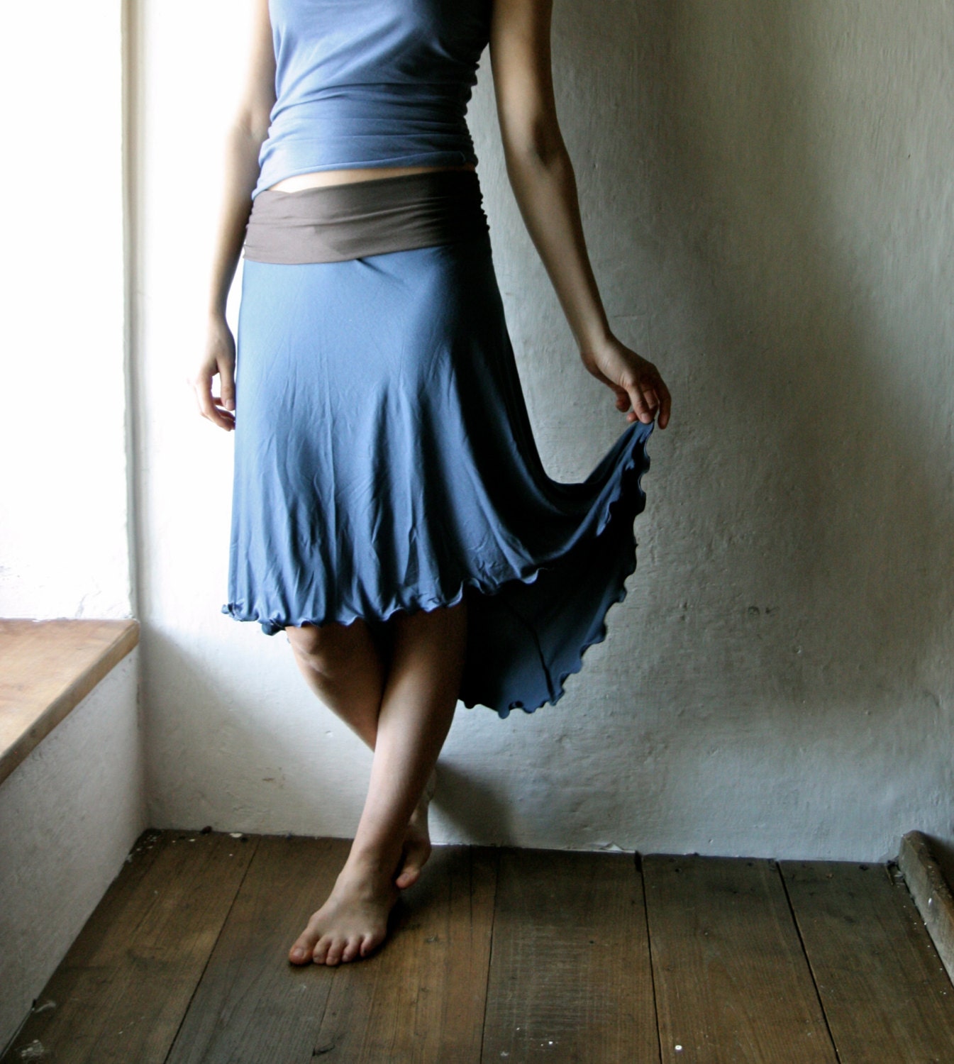 Asymmetrical Jersey skirt or mini dress - blue aline skirt, knee length