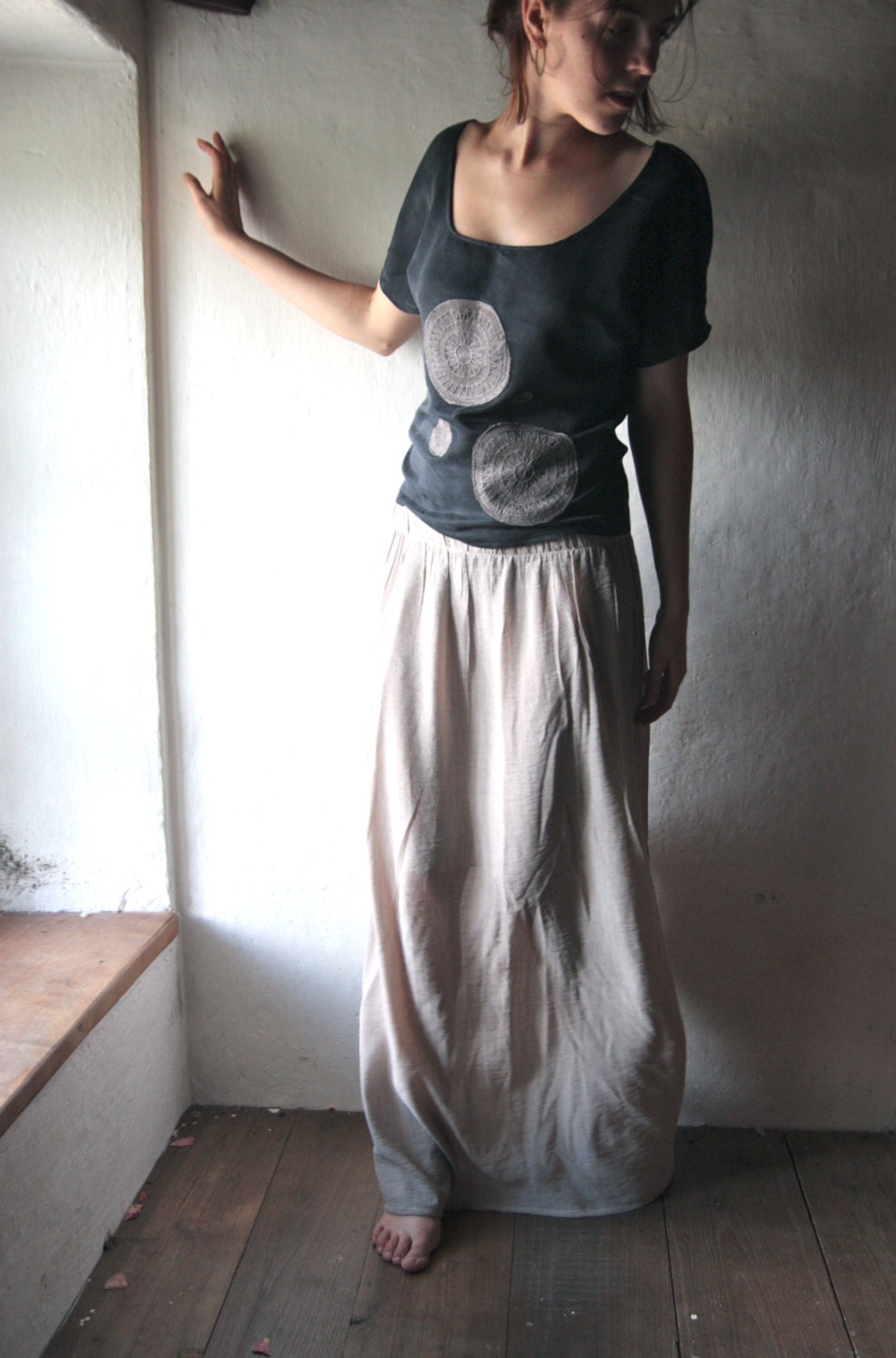 Maxi Skirt - long grey floor length gathered skirt - slitted womens long skirt