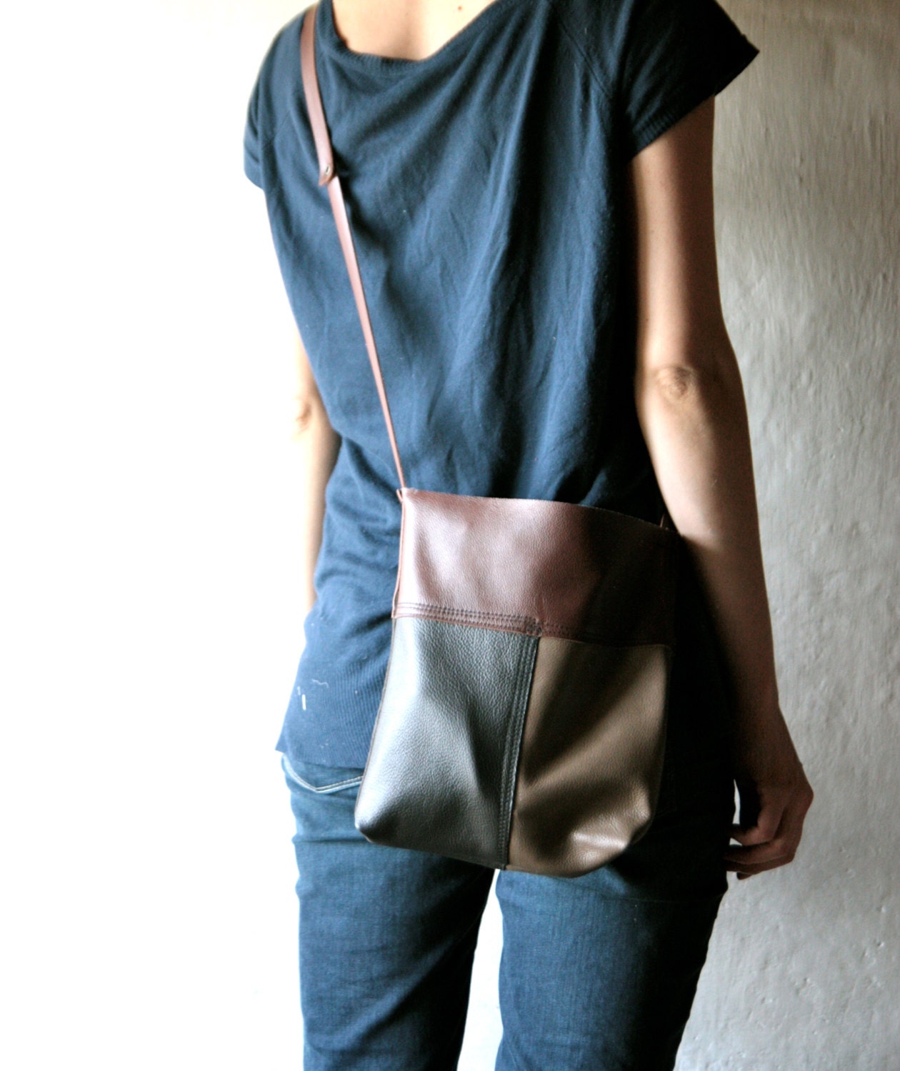 Leather Tote Bag - Brown Patchwork handmade genuine leather messenger tote