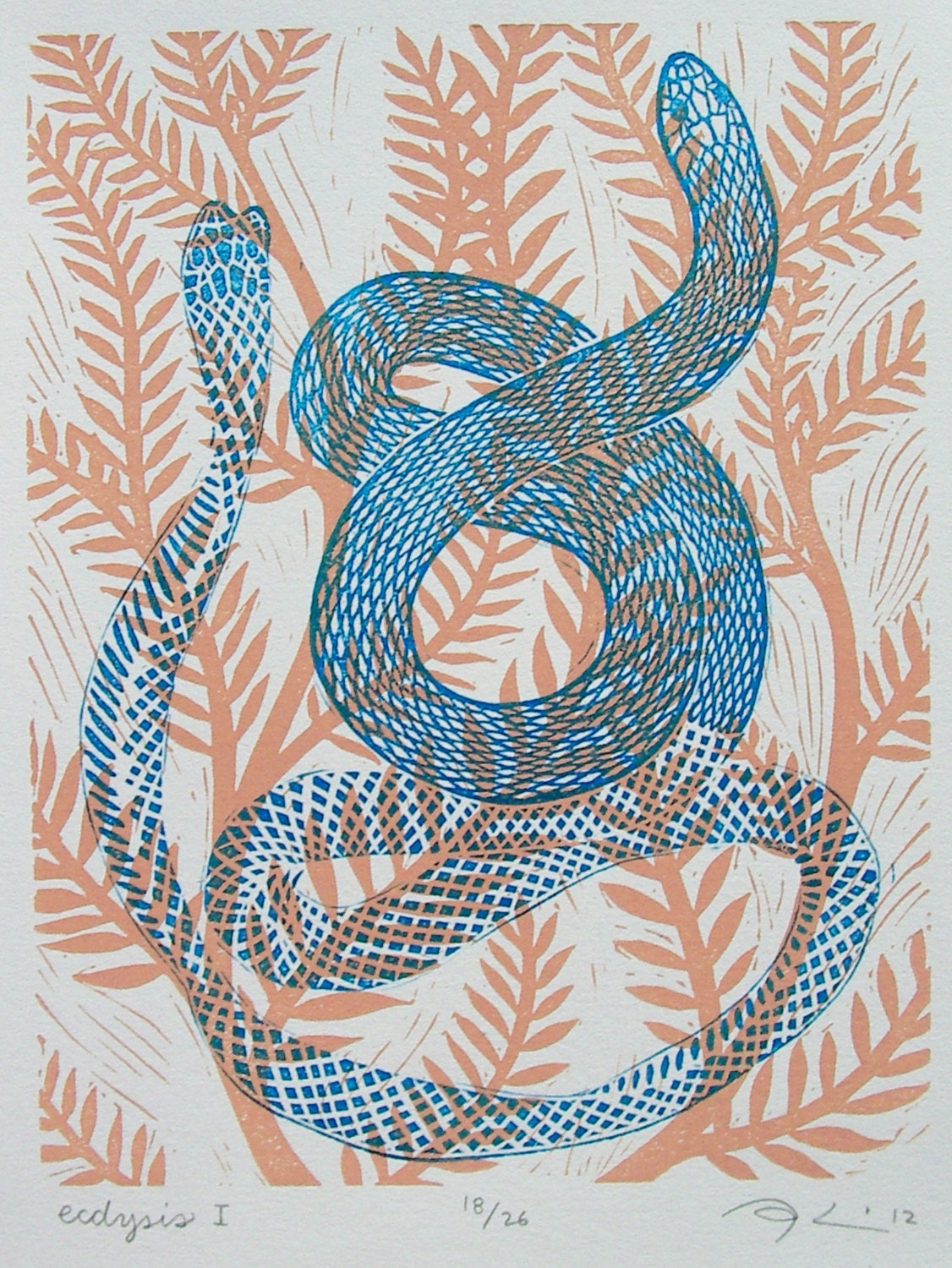 SALE - Was 35, Now 30 -- Ecdysis I - Linocut Print - Snake / Serpent / Shedding Skin / Scales / Vine / Blue / Salmon Pink / Renewal