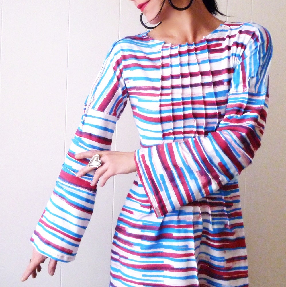 That's Entertainment  - iheartfink Handmade Hand Printed Artistic Colorful Striped Red White and Blue  Tunic Frock Top