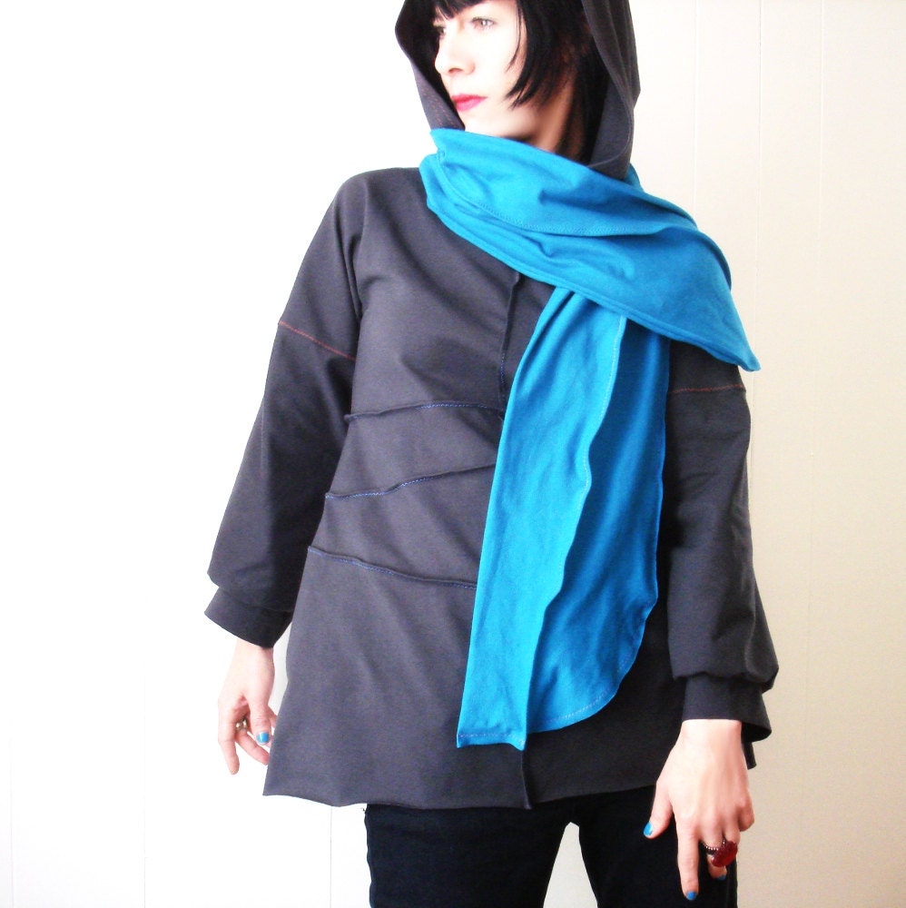 Roam - iheartfink Handmade Solid Womens Hooded Structured Futuristic Long Sleeve Top with Scarf Ties