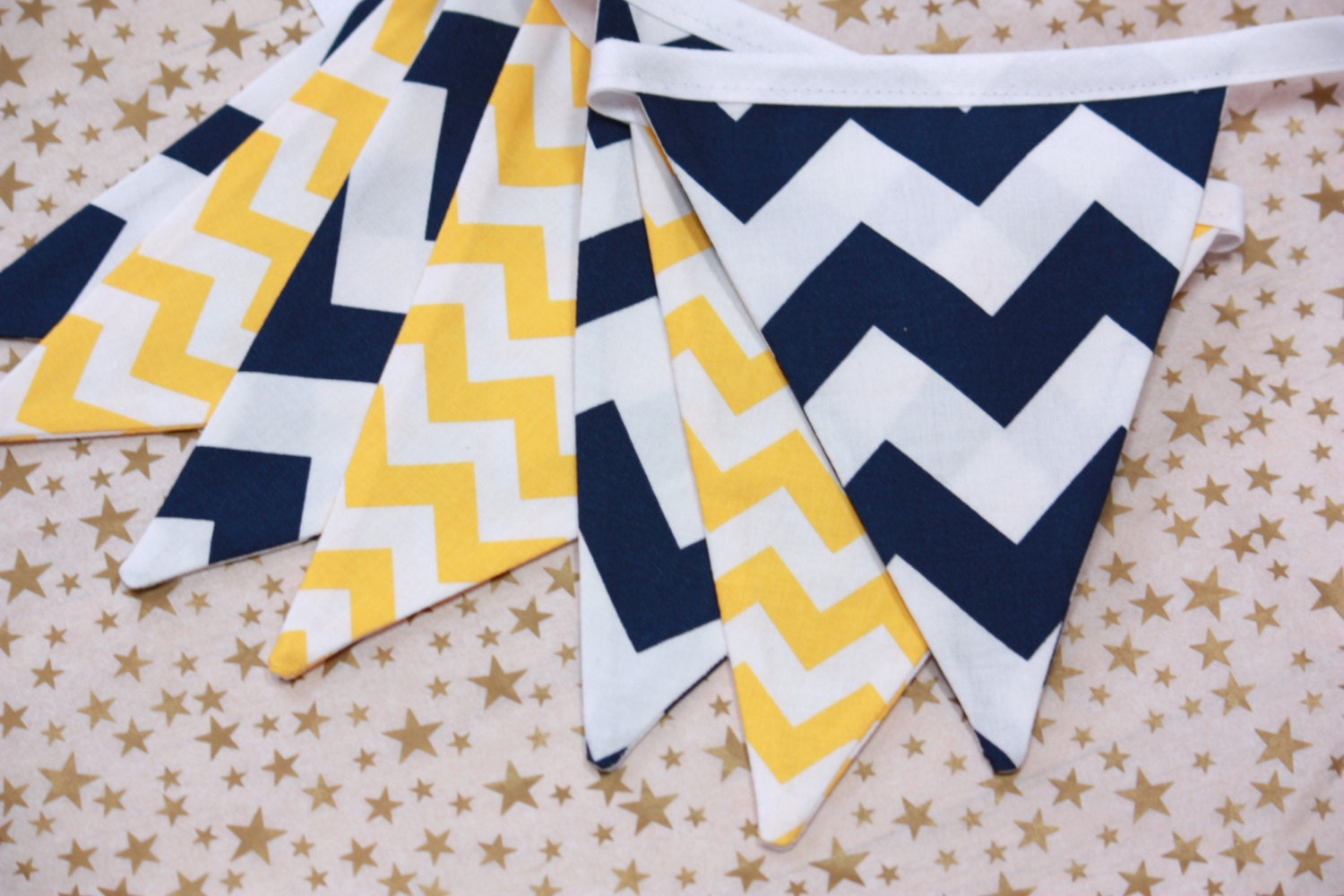 Chevron Fabric Flag Bunting. Photo Prop, Nursery Decoration, Party Banner, Shower Decor. Navy and Yellow. Ready to Ship.