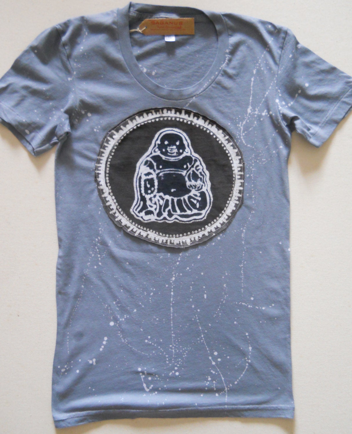 Women laughing buddha batik aplique w/splatter t-shirt -yoga clothes - yoga clothing - gray size XS, S, M, L, XL