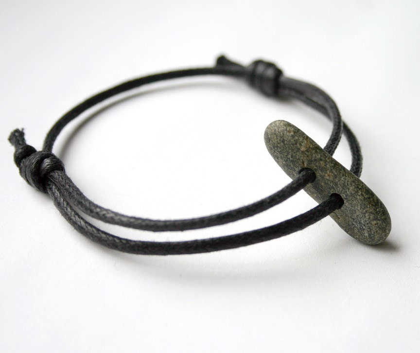 Speckled Smooth Beach Stone Granite Adjustable Cotton Knotted Bracelet Double Drilled