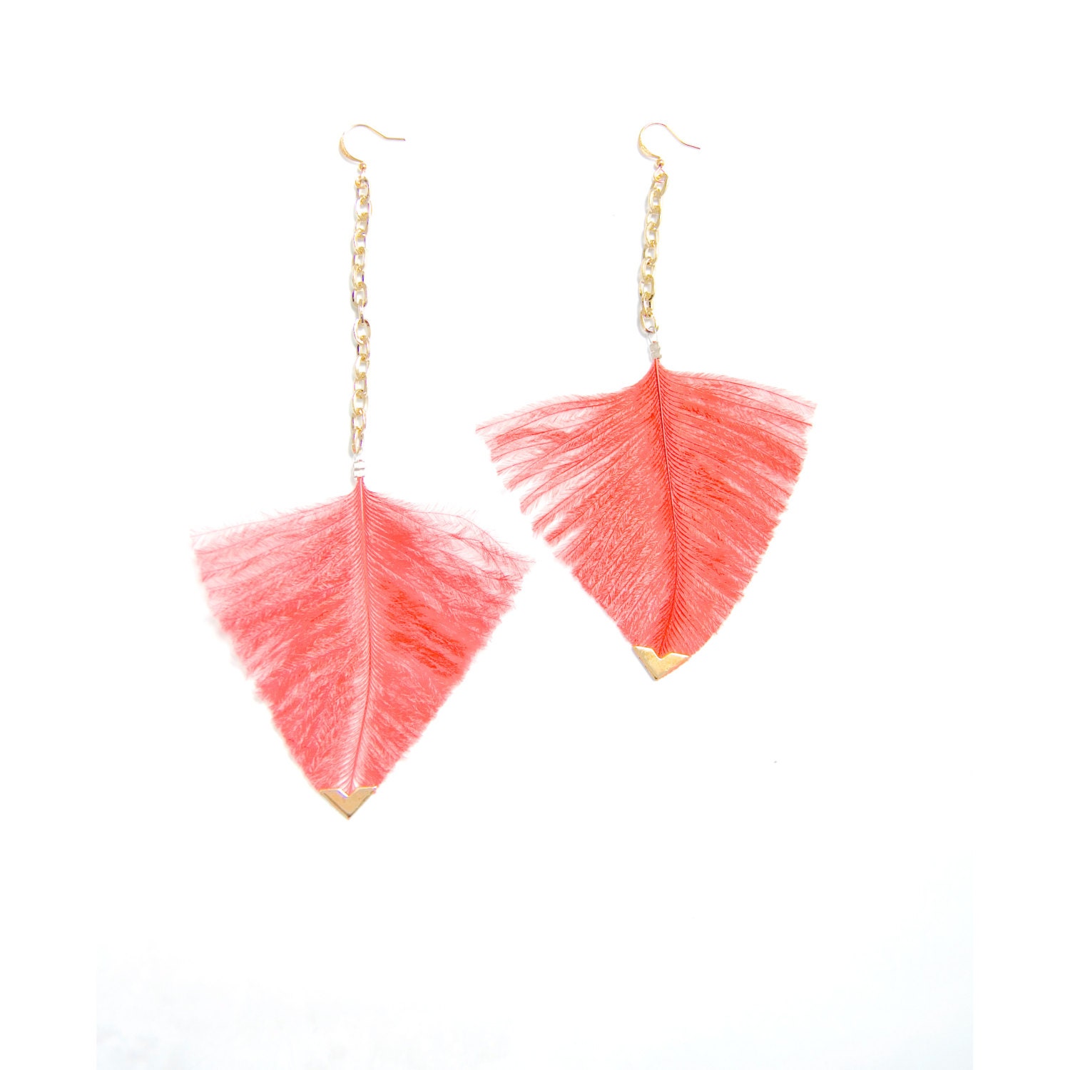 Statement Feather Earrings - Red Geometric Jewelry - Minimalist Jewelry - Feather Earrings - Red and Gold Earrings