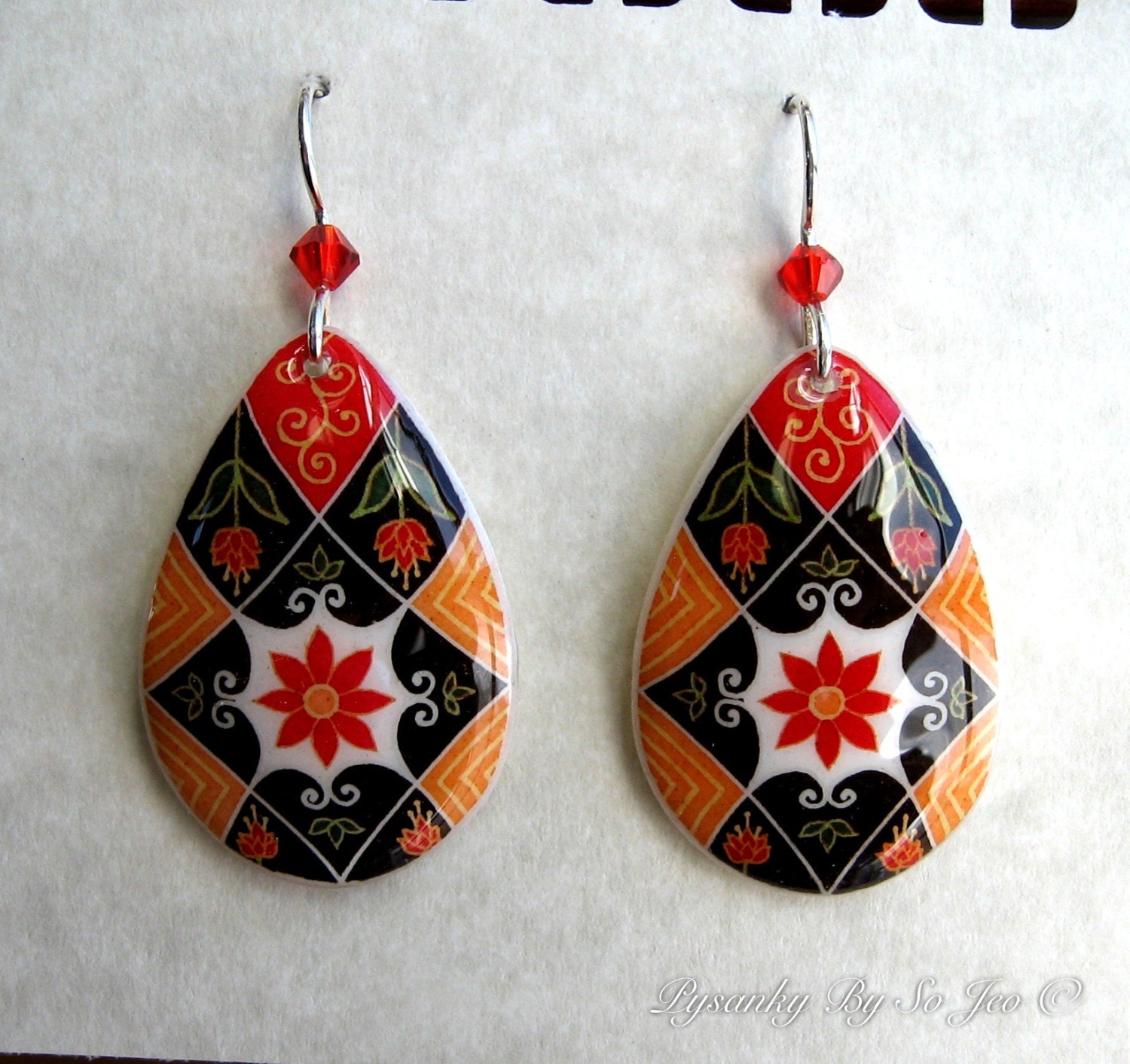 Eco Fall Florals Tangerine & Black Teardrop : Batik Pysanky Egg Shell Earrings