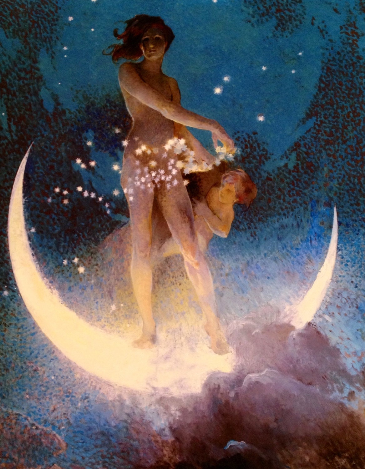 STARDUST and MOONBEAMS 12x18 Fantasy Art Nouveau Glamour Pin-Up Cupid Deco  - Revivalist Cosmopolitan Illustrator Muralist 1800s - 20s Pinup