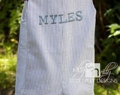Size 3m, 6m, 9m, 12m, 18m, 2t navy and white seersucker jon jon or romper or shortall from Silly Nilly