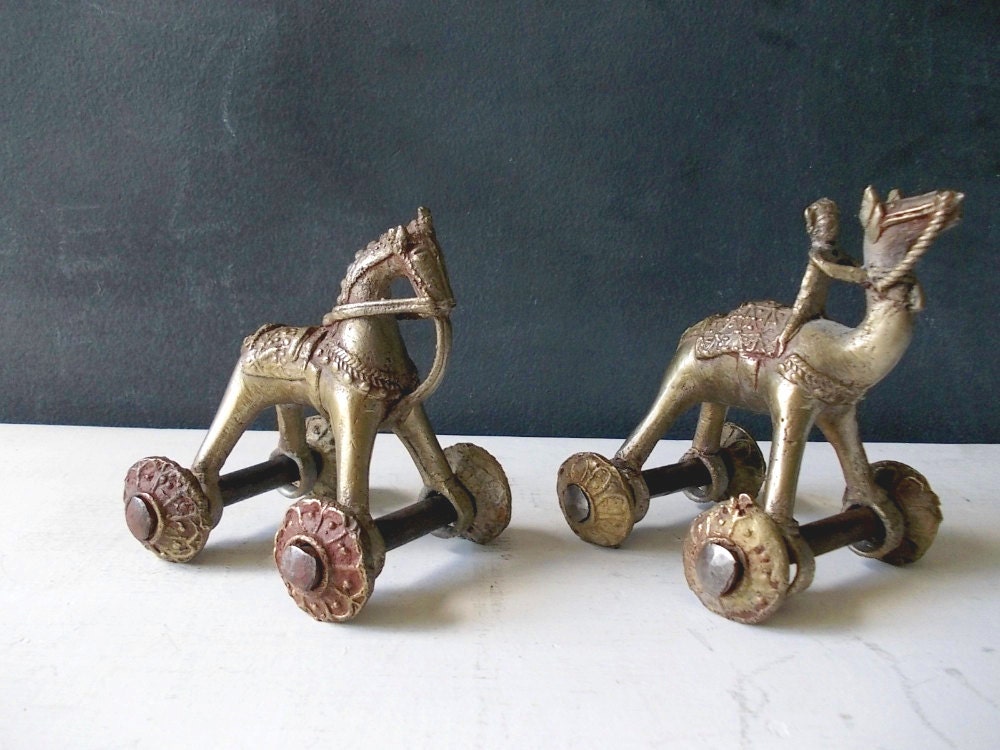 Antique Indian Temple Toys : Brass Horse, Camel on Wheels