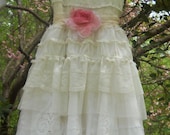 White lace dress wedding cotton tulle pom poms ruffles rose romantic small by vintage opulence on Etsy