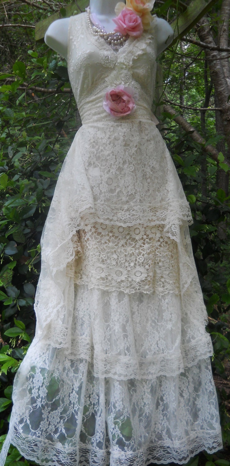 Cream lace dress wedding  crochet vintage ivory  bride outdoor  romantic small by vintage opulence on Etsy