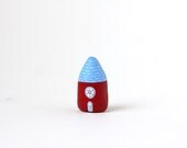 Little Home No 371 - Little clay house - red house with round window and light blue roof with tiny white lines