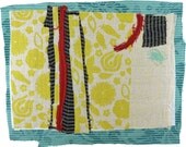 2.11.2013, small art quilt, contemporary, abstract, textile drawing, haiku, citron, beige, red, black, aqua, raw edges, couched threads