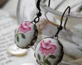 Vintage Rose Fabric Covered Button Earrings.