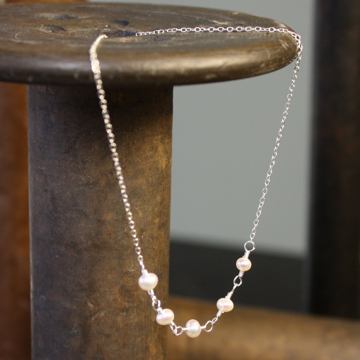 Petite Five-Stone Pearl Necklace - White Freshwater Pearls, Sterling Silver