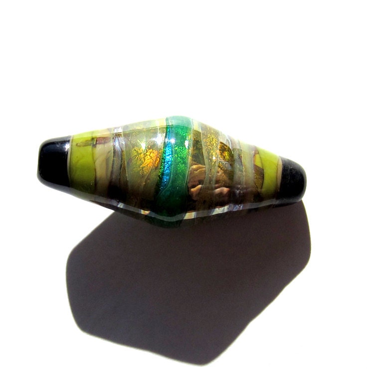 Handcrafted Lampwork Glass Bicone Focal Bead Aqua Green Yellow Silver banded - PomegranateGlass