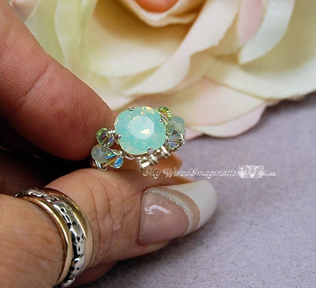 Genuine Swarovski Crystal Crysolite Opal Wire Wrapped Ring - Signature Design Marcella Ring