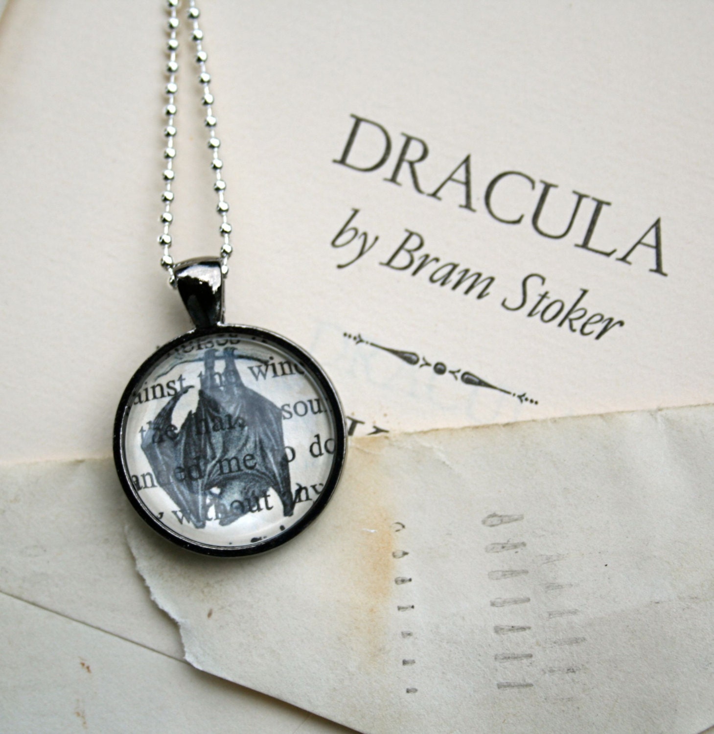 True Blood Vampire Bat Necklace - Bat Jewelry - Vampire Bat on Dracula Book Page - Goth Necklace