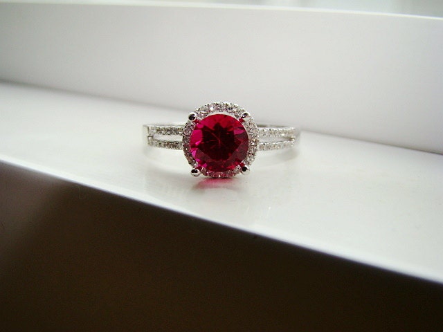 Halo Ruby Diamond Ring Gemstone Engagement Ring Custom Round Double Band Halo Setting 10K White Gold size