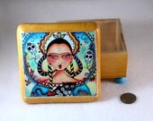 Jewelry Keepsake Box, Day of the Dead Frida and Cat Art Wood Box, OOAK Decoupaged Mexican Art, Ring Earring Holder Pink Blue