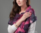 Scarf - Pink, fuchsia, grey, white - Wool and Silk - Hand dyed batik