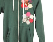 Womens Green Hoodie with Hexagon Floral Patchwork Applique XXS Hooded Sweatshirt // One of a Kind // by Nicoles Threads