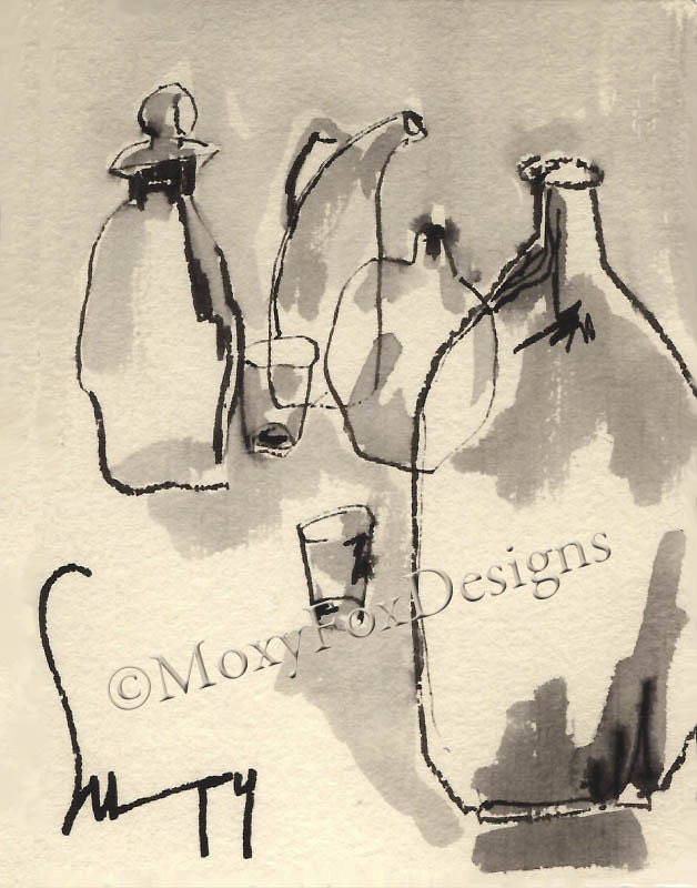 Art -- GLASS BOTTLES Pen and Ink Drawing Giclee Print Free US Shipping