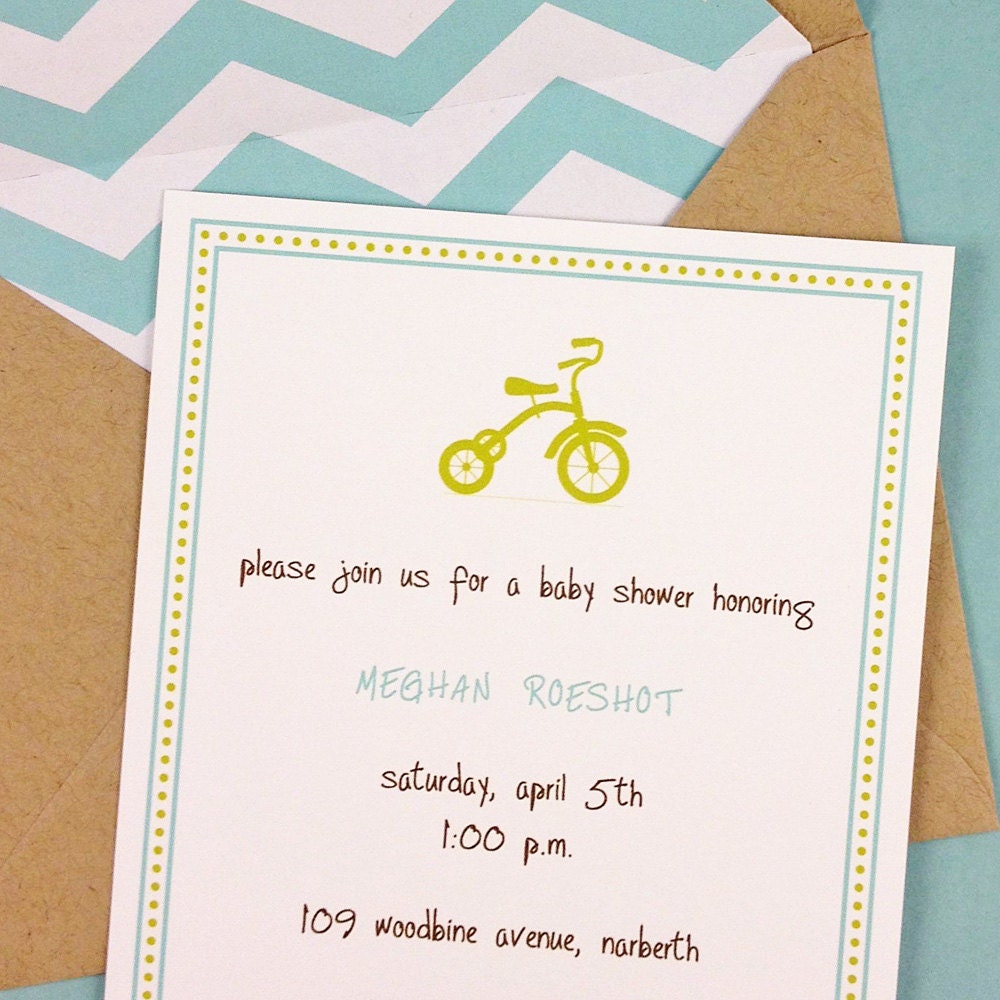 boy baby shower invitations, chartreuse tricycle, pool chevron lined kraft envelopes