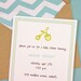 boy baby shower invitations, chartreuse tricycle, pool chevron lined kraft envelopes