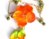 Huge Hibiscus flower and leaves lampwork necklace