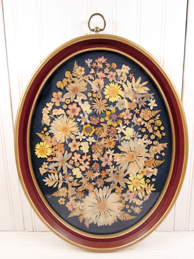 Vintage Framed Dried Flower Wall Art Hanging Oval Retro Flowers