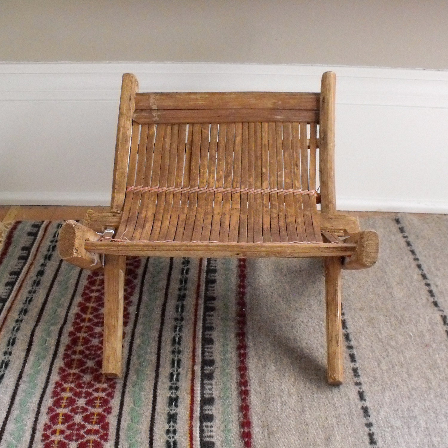 Vintage Primitive Wood Stool : Folk Art Footstool