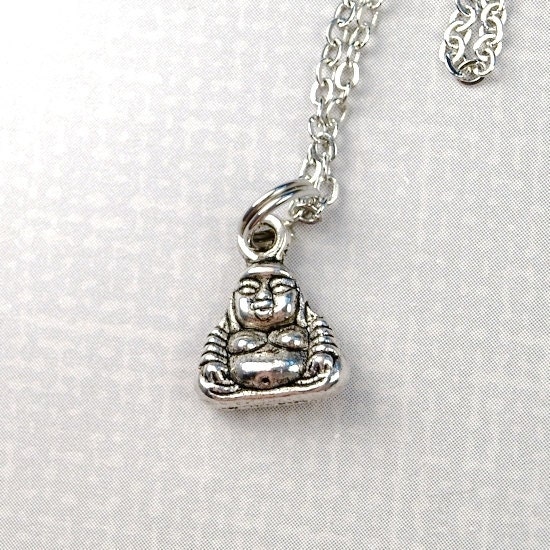 Tiny Buddha Charm Necklace 3D antiqued silver plated charm on a delicate silver plated chain