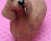 Fat dachshund ceramic dog sculpture, fat wiener dog sculpture, fat brown doxie ceramic sculpture