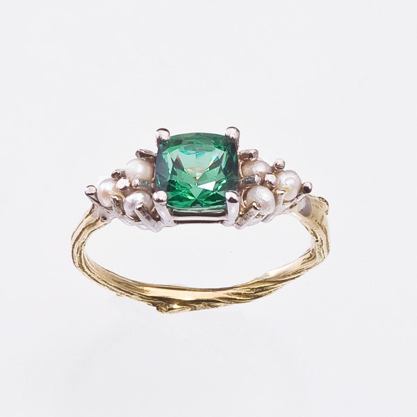Pearl Ring for Engagement or not  -  Cushion Cut Gemstone - Twig Band-Antique Style  - Nature Inspired Branch Details