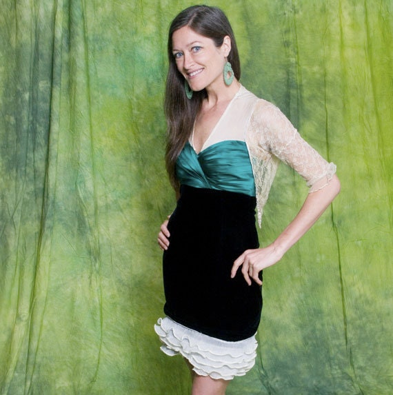 Lace Coctail Dress in Green and Creme with Frills