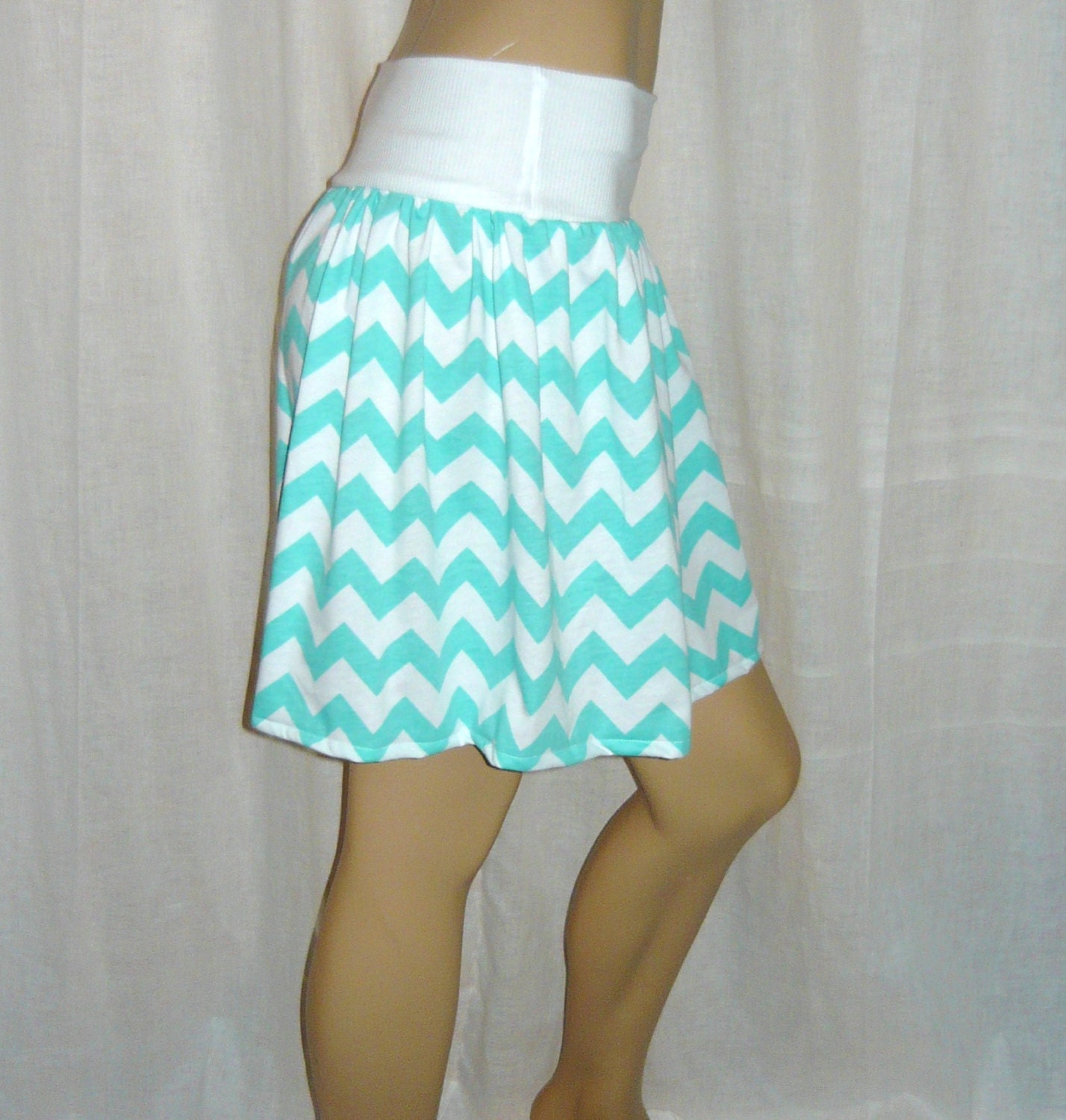 Chevron Maxi Skirt  Aqua Fold over top Flirty Knee Length Sm M Cotton Jersey Phatcatpatch