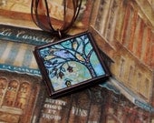 SALE - Tree of Life Pendant - Necklace - Bird - Bird House - Handpainted  - Original Dana Marie Wearable Art  - ebsq