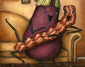 Bacon Gets Snuggly with Eggplant - 5x7 Print - Bacon Painting