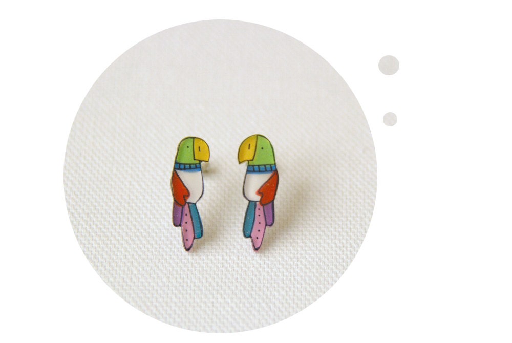 Reserved for Carlotta - Parrot earrings, bird stud earring, illustration jewelry