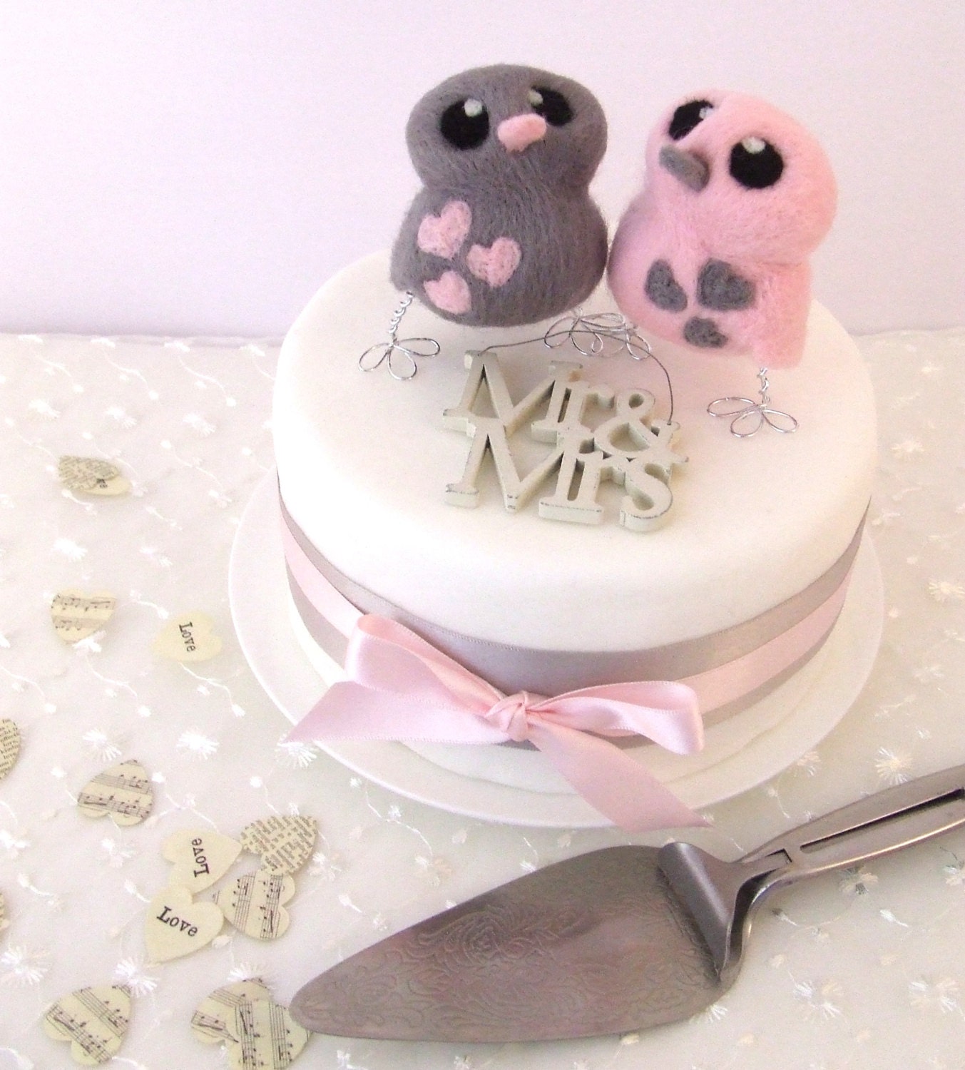 Wedding Cake Topper Birds in Pink and Grey