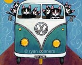Road Trip Bus Cats Folk Art Digital Print